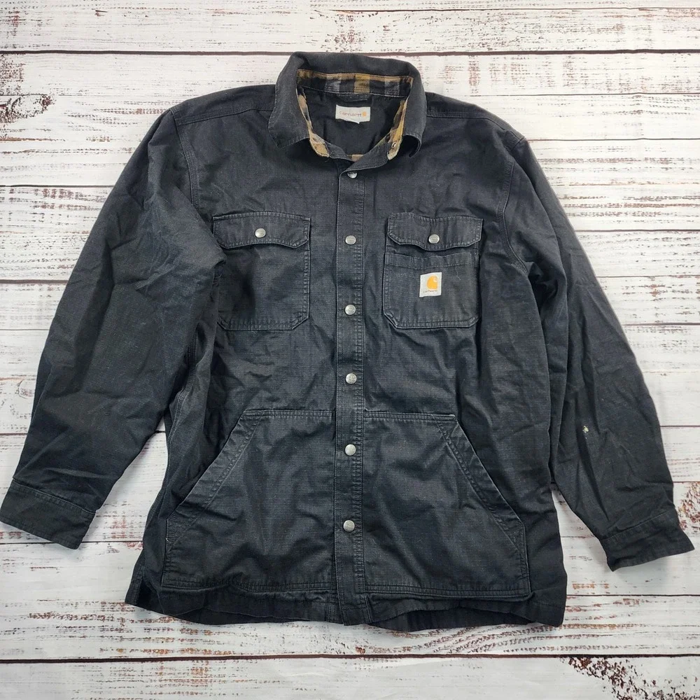 Carhartt Ripstop Solid Shirt Jac Men's Large Black Flannel Lined Work Jacket